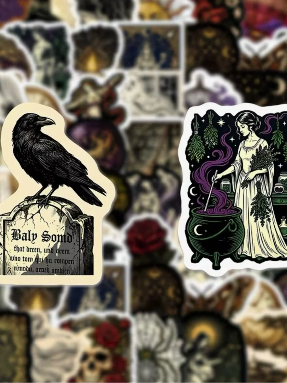 50 Dark Magic Witch Stickers Cauldrons Cosmic Black Cat Raven Moon